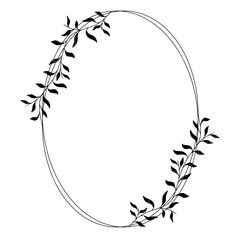 a black and white drawing of a circular frame with leaves on the side, in an oval