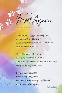 the poem is written in front of a colorful background with paw prints and words on it