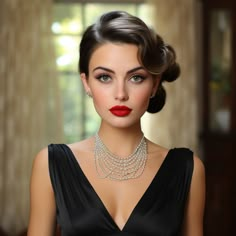 1940s Hollywood Hair, Retro Wedding Makeup Vintage Style, Classic Makeup For Wedding, Hollywood Glamour Updo, Hair Styles For Red Dresses, Vintage Makeup Red Lips, 1940s Wedding Makeup, Glam Wedding Makeup Red Lip, Classic Glamour Makeup