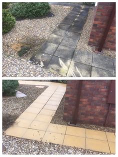 before and after photos of a brick walkway