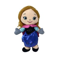 a stuffed doll is wearing a blue dress