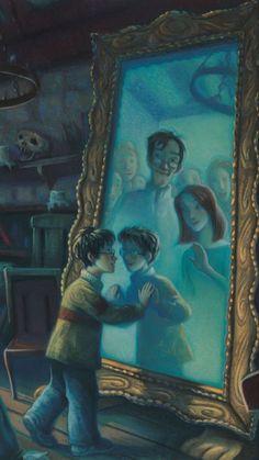 a painting of two children looking at a mirror with their reflection in it and people standing around