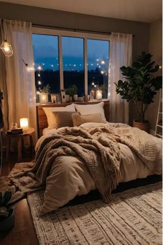 Affordable cozy bedroom with budget-friendly decor ideas. Bedroom Decor Ideas Large Room, Cozy Moody Bedroom Aesthetic, Aesthetic Room Couple, Cozy Bedroom With Tv, Cozy Bedroom On A Budget, Cozy Apartment Bedroom Couple, Modern But Cozy Bedroom, Cozy Beauty Room, Cool House Decor Ideas