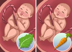 two pictures of a baby with carrots and broccoli on the left side