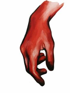 a painting of a hand reaching for something on a white surface with red paint over it