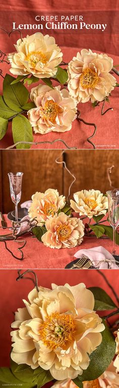 three different pictures of flowers on a table