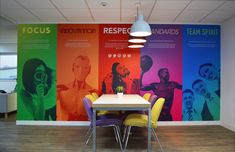 an office with colorful wallpaper and chairs in front of a table that has a plant on it