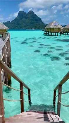 the water is crystal blue and clear with wooden steps leading to some huts in the distance