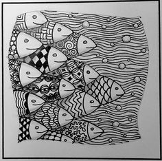 a drawing of many fish swimming in the ocean