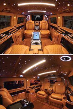 the inside and outside view of a limo with lights on it's sides, in two different views