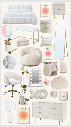 a collage of white furniture and accessories with pink accents on the top right side