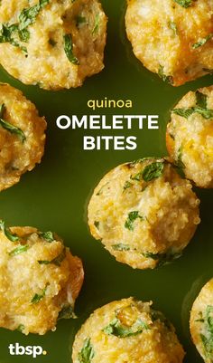 an advertisement for quinoa omelette bites on a green plate