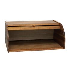 a wooden shelf with two open compartments on the front and one closed drawer on the back