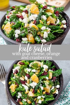 kale salad with goat cheese, oranges and cranberries in a bowl