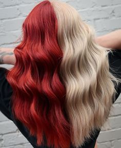 Red And Blonde Hair Color Split Dye, Red And Blonde Split Dye, Blonde Split Dye, Red Roots Blonde Hair, Vibrant Highlights, Calico Hair, Red And Blonde, Blonde Hair With Roots, Split Dye