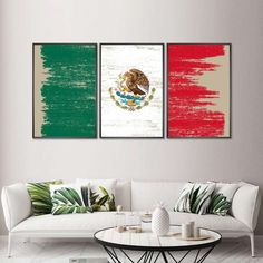 three canvases with the colors of mexico and mexico flag on them in a living room