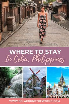 a woman walking down an alley way with the words where to stay in celan, philippines