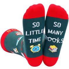 PRICES MAY VARY. UNIQUE DESIGN: This funny design features a fun hidden message on the bottom: “So Many Books, So Little Time”, along with a vivid pattern of colorful books that looks great at home, work ONE SIZE FITS MOST: This pair of mid-calf crew socks comes in a one size that fits US men's sizes 6-13 and US women sizes 7 and up AWESOME GIFTS FOR BOOKWORMS: This book themed librarian socks is a perfect bookish gift for book reading lovers, readers, bibliophiles, geeky geeks, nerdy nerds and Cool Stocking Stuffers, Alien Socks, Cool Socks For Men, Colorful Books, Holiday Gifts For Men, Funny Nerd, Gifts For Men And Women, Best Stocking Stuffers, Hidden Message