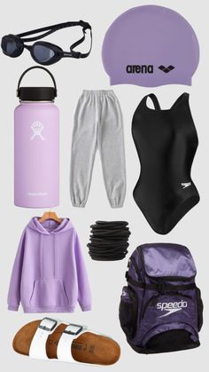 an assortment of sports gear including swimming suit, water bottle, sunglasses, and flip flops