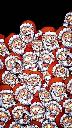 a group of cartoon santa clauses with their mouths open and eyes wide open in front of a black background