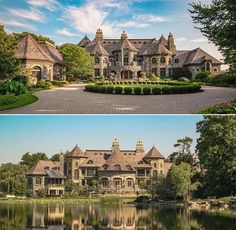 two different views of a large house with water and trees in the foreground, one is