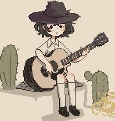 the pixelist is playing an acoustic guitar in front of some cactus plants and cacti