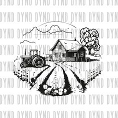 a farm scene with an old tractor and barn in the distance, on a white background