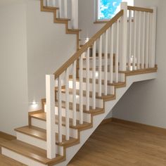 a white staircase with wooden handrails in an empty room next to a window