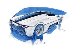 a drawing of a futuristic car in blue and white