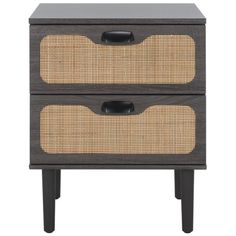 two drawers with wicker handles on each side and one drawer is open to show the bottom