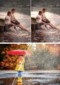 two children are sitting on a dock in the rain and one is holding an umbrella