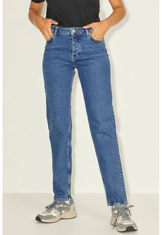 Cumpara Blugi drepti din amestec de bumbac organic. #jeansfemei #blugifemei #hainesic #womenjeans #womenbrandjeans #jeansi #jeansifemei High Waist, Exterior, Pants, Blue, Trousers