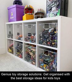 a toy storage unit filled with lots of toys