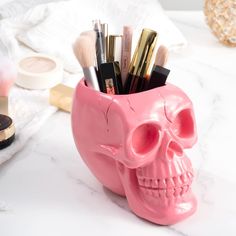 PRICES MAY VARY. 【MATERIAL】This skull pen holder is made of high quality resin，Each piece is hand-painted and polished individually.Highly detailed in surface, our skull pen holder with strong stability and high wear resistance. 【DESK STORAGE】It can be used not only as a pen holder and a makeup brush holder, but also for storing keys, cosmetics tool, etc. Helps to organize your desk and keep them clean and tidy. 【VERSATILE】This pen holder is very decorative and practical, simple design is ideal Coffin Makeup Holder, Chanel Makeup Brush Holder, Skull Makeup Brush Holder, Gothic Makeup Organizer, Pink Rectangular Organizer With Pen Holders, Office Desk Supplies, Small Cactus, Desk Supplies, Pink Skull