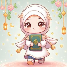 an illustration of a muslim girl holding a book