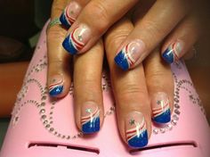 Fun 4th of July nails Red White Blue Nails, Blue Nail Art Designs, Blue Gel Nails, Unghie Nail Art, Blue Acrylic Nails