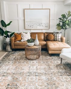 a living room with two couches, a coffee table and a rug on the floor