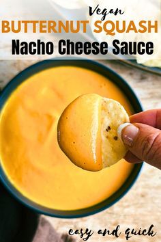 hand holding a chip with nacho cheese sauce on it above a bowl of the cheese sauce. Top view. Vegan Butternut Squash, Dairy Free Alternatives, Hearty Casseroles, Nacho Cheese, Hearty Breakfast, Game Day Food