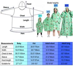 children's pajamas size chart with measurements for each child and their own hoodie