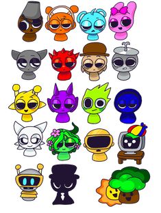 an assortment of different cartoon faces on a white background