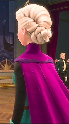 an animated image of a frozen princess with white hair and braids in a purple dress