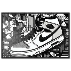 a black and white drawing of a pair of sneakers on top of a cityscape