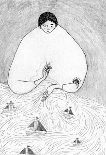 a drawing of a woman sitting on top of a large rock in the middle of water