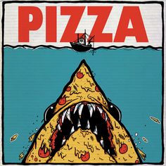 a pizza shark with its mouth open in front of the ocean and a boat on it's back