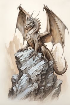 a drawing of a dragon sitting on top of a rock