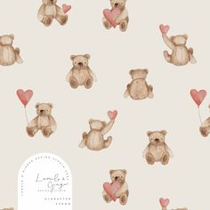 watercolor teddy bears with heart balloons on a beige background wallpaper design by lynne & co