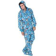 Winter wonders abound in these whimsical feel good footie pajamas for men and women! Polar bears ski and penguins snowboard past igloos and the North Pole sign during a blizzard as snowflakes fall with fury! Soft and durable polar fleece will bring comfort and last all season long! Features include front pockets and hoodie. High quality, durable and fun! Winter Cotton Onesie, Blue Winter Sleepwear For Pajama Party, Casual Long Sleeve Onesie For Bedtime, White Relaxed Fit Winter Sleepwear, Cozy Super Soft Onesie For Winter, Winter Fleece Sleepwear For Lounging, Fleece Sleepwear For Winter Lounging, Super Soft Winter Sleepwear, Cozy Super Soft Winter Onesie