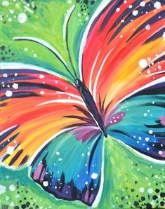 a painting of a colorful butterfly on a green background