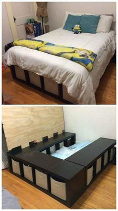 four different pictures of a bed with storage underneath it