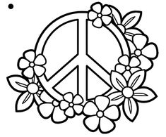 a peace sign with flowers and leaves on the bottom, in black and white coloring